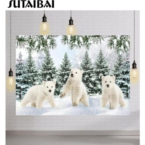 Winter Snow Scenery Happy New Year Background Christmas Forests Pine Polar Bear Baby Shower Birthday Xmas Trees Photo Backdrop