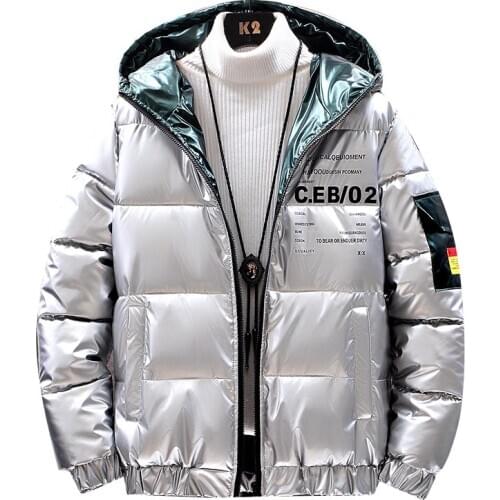 Winter Men Jacket Thick Warm Parka Jackets Silver Bright Glossy Bread Coat Fashion Young Loose Hooded Cotton Jacket Male Outwear