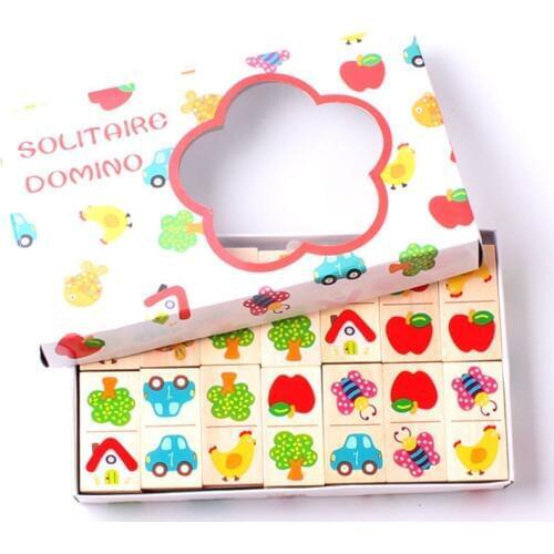 28pcs Wooden Domino Fruit Animal Puzzle Cognitive Building Blocks Stacked Toys Montessori Children Learn Educational Toy Gift