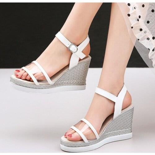 43 plus size transparent sandals with japanned leather patchwork wedges clear summer shoes woman platform sandalias mujer y1050