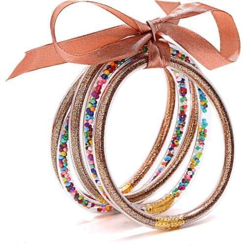 Glitter Jelly Bangles Multicolor Silicone Bracelets Set Ribbon Bowknot Powder Decor Fashion Friendship Circle Wristlets 5PCS