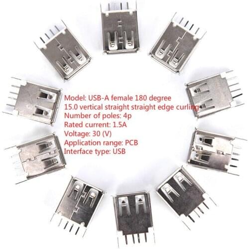 1Pcs USB Type A Female Socket 180 Degrees Vertical 4pins USB Interface