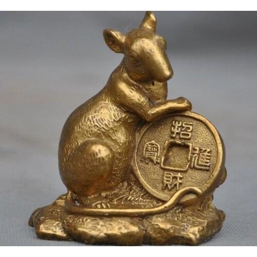 Chinese brass Feng Shui wealth coin Yuan Bao mouse rat Zodiac animal statue