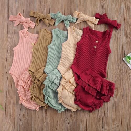 Summer Infant Clothing Toddler Kids Baby Boys Girls Clothes Sleeveless Romper Top+Ruffles Shorts+Headband Ribbed Knitted Outfits