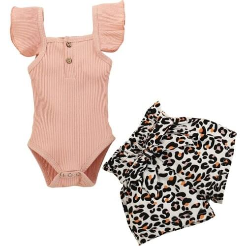 2021Summer Fashion Toddler Romper Newborn Baby Girl Clothes Set Striped Flying sleeve Jumpsuit Leopard print shorts Girl Outfits