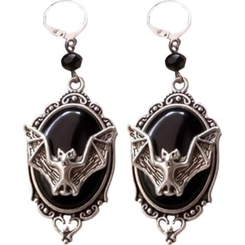 Fashion Dangle Bat LoversCameo Earrings Witches Gothic Victorian Silver Framed Bat Cameo Earrings