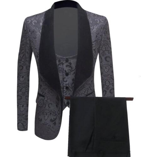 Fashion Black Floral Wedding Tuxedo For Groom 3 Piece Slim Fit Men Suits Velvet Shawl Lapel Custom Male Costume Jacket Vest Pant