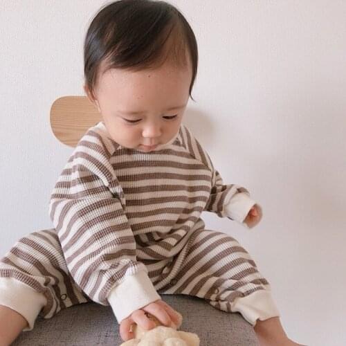 2021 New Korean Style Autumn Baby Clothes Striped Waffle Newborn Infant Boys Girls Cotton Rompers Fashion Kids Outfit