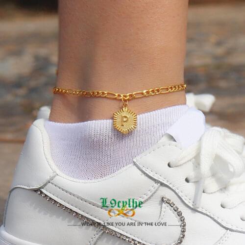 A-Z Letter Initial Alphabet Leg Bracelets For Women Men Foot Bijoux Femme Stainless Steel Jewelry Figaro Chain Hexagon Anklets