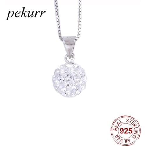 Pekurr 925 Sterling Silver Crystal Beads Round Ball Necklaces For Women Shiny Gems Pendants Fashion Jewelry Gift