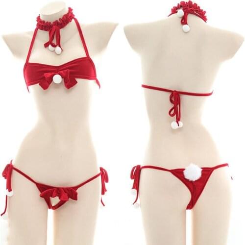Lolita Sexy Lovely Valentines Day Bikini Underwear Intimates Set Cosplay Lolita Private Lace up Bowknot Red Bra & Panties Set