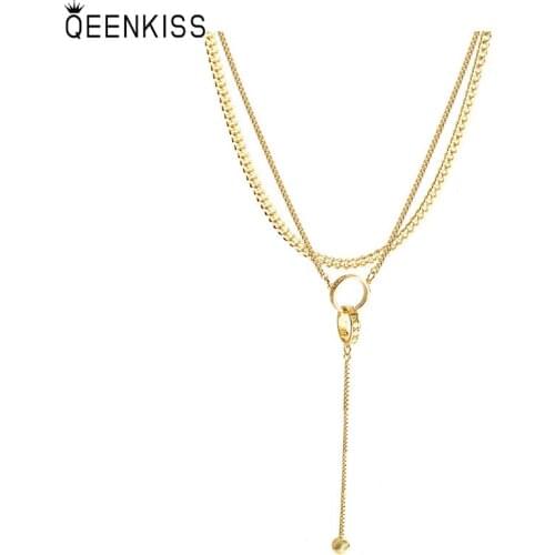 QEENKISS NC710 Fine Jewelry Wholesale Fashion Woman Girl Birthday Wedding Gift Double Ring Tassel 18KT Gold Pendant Necklace