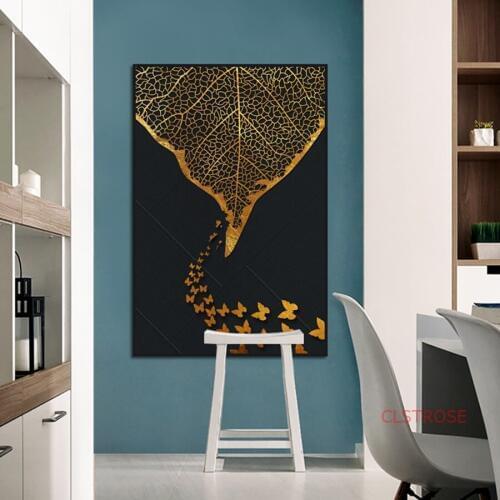 Nordic Abstract Art Poster Minimalist Geometric Golden Leaves Canvas Painting Modern Home Decoration Wall Pictures For Bedroom