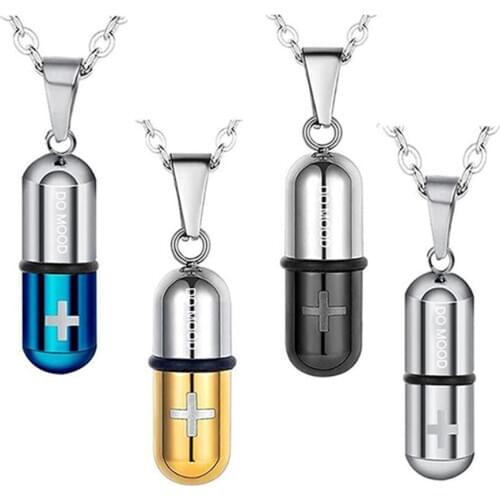 Unisex Stainless Steel Pill Cross Capsule Necklace Pendant Cross Medicine Keepsake- Black/Gold/Blue 20 inch Chain Dropshiping