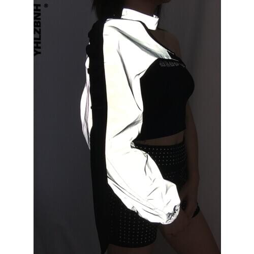 YHLZBNH Neon Reflective T Shirt Fall Women Tshirt Harajuku One Shoulder Off Gothic Top Hip Hop Streetwear Tee Shirt Femme Green