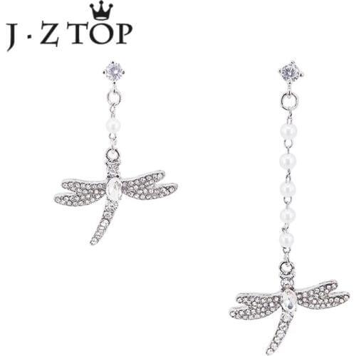 JZTOP Cute Dragonfly Crystal Tassel Stud Earring Female Imitation Pearl Asymmetrical Long Earrings For Woman Party Jewelry Gifts