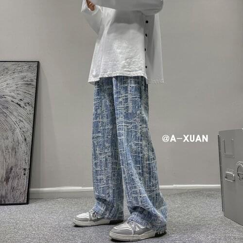Plus Size Drawstring Jeans Men Fashion Retro Wide-leg Baggy Jeans Men Streetwear Loose Hip-hop Straight Denim Trousers Mens