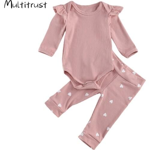Baby Girl Cute Heart Print Fly Sleeve Long Sleeve Bodysuit+Pants 2pcs Baby Clothes Tracksuit Clothes 0-24M