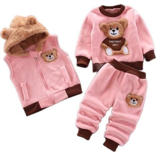 Children Clothing Sets Winter Plus Velvet Thick Warm 3Pcs Outfit Cartoon Bear Baby Boys Clothes Sport Tracksuit Set For Girls
