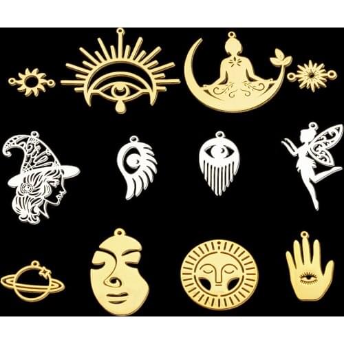 5pcs/lot 100% Stainless Steel Eye of Evil Angel Sun Charm Pendant for necklaces Wholesale Witch face Charms for DIY Jewelry Make