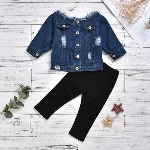 Spring Autumn Infant Girl Clothes 2 Piece Sets Ripped Hole Denim Off Shoulder Tops+Shredded Skinny Pants Children Outfit 24M-6T