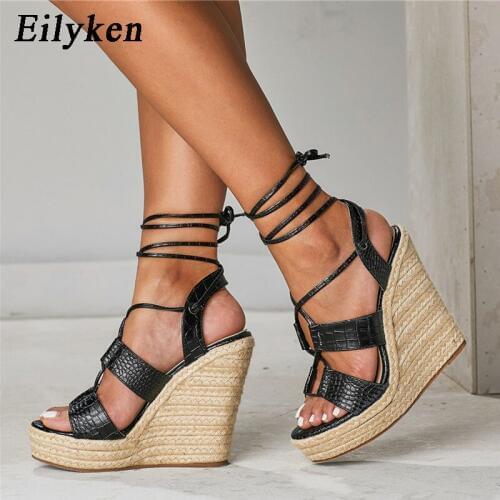 Eilyken 2021 New Serpentine High Quality Solid Wedges Platform Sandals Peep Toe Lace-Up Fashion Casual Women Sandals size 35-42
