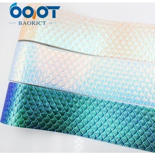 I-19517-1229 3'' 75mm 2yards Leather rainbow gradient Mermaid scale Peacock feather ripple Ribbon DIY handmade headdress