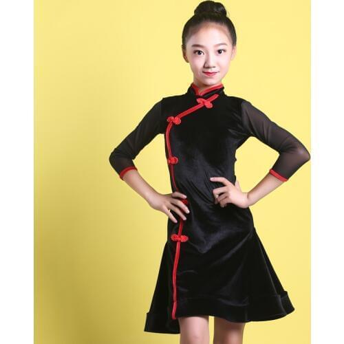 Latin Dance Costumes Girls Long Sleeve Practice Clothes Chinese Style Rumba Dance Dresses Kids Tango Samba Dance Skirt DQL2585