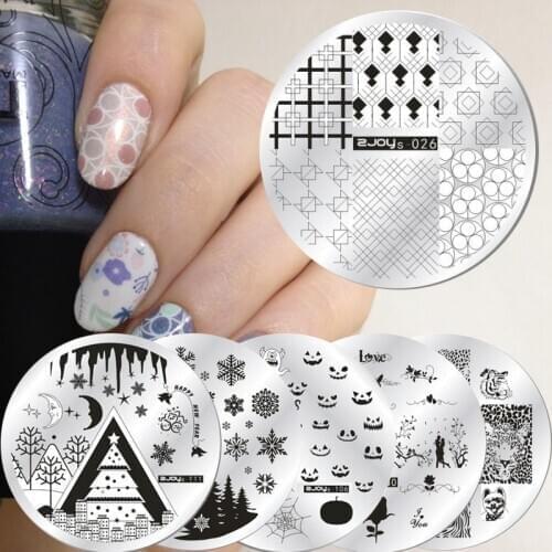 Round Nail Art Christmas Printing Mold Steel Plate Nail Printing Tool Snowflake Cute Animal Flowers Nail Decoration Accessories