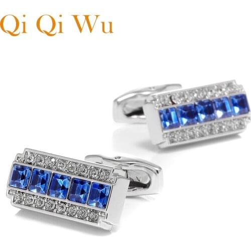 Mens Wedding Shirts Cufflinks Business Jewelry Gifts Blue Crystal Suit Shirt Cuff links Buttons Rhinestone Cufflink Silver Cuffs