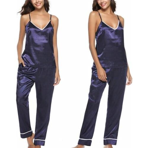 New trendy 2PCS Women Lady Silk Satin Pajamas Set Pyjama Sleepwear Loungewear Homewear Sleeveless Top+Pant Sleepwear Nightwear