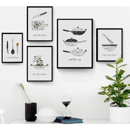 Nordic Style Pan Knife Kitchen Tool Poster and Prints for Kitchen Room Decoration Black Metal Organic Glass Framed