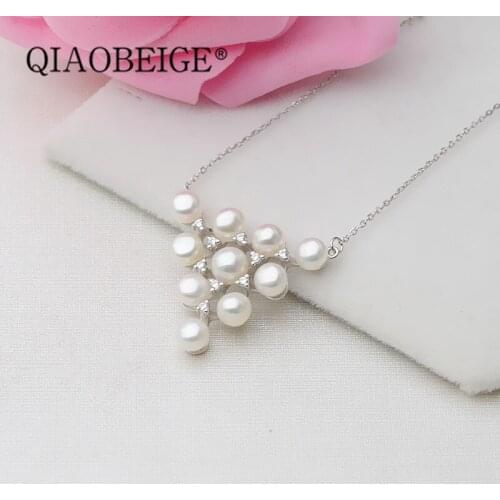 QIAOBEIGE S925 Sterling Silver many Pearl 5-6mm Necklace Fashion Freshwater Pearl Pendant Inlaid Necklace Pearl Pendant