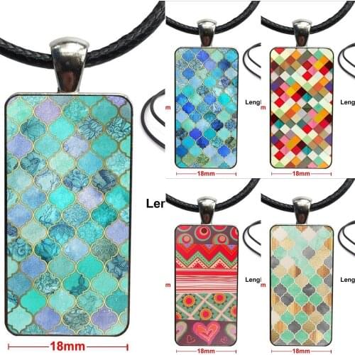Steel Color Glass Cabochon With Rectangle Shaped Pendant Choker Necklace For Girls Gifts Charcoal Mint Wood And Gold Moroccan