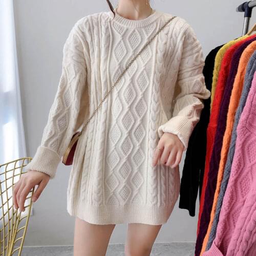 2021 autumn winter Korean Version Loose Large-Size Round-neck Twist Sweater Medium and Long Knitted Bottom Blouse