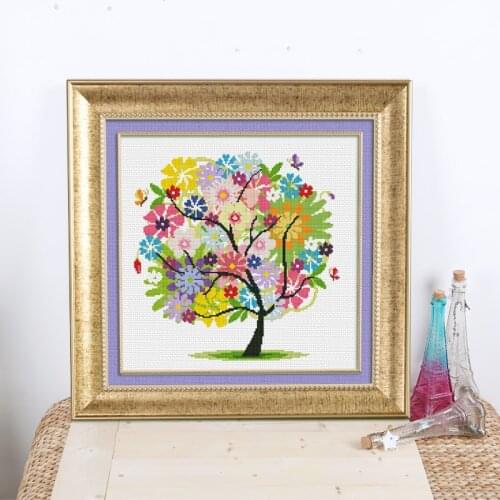 Four seasons tree summer cross stitch kit DMC brand thread animal dog count canvas fabric embroidery handmade needlework craft