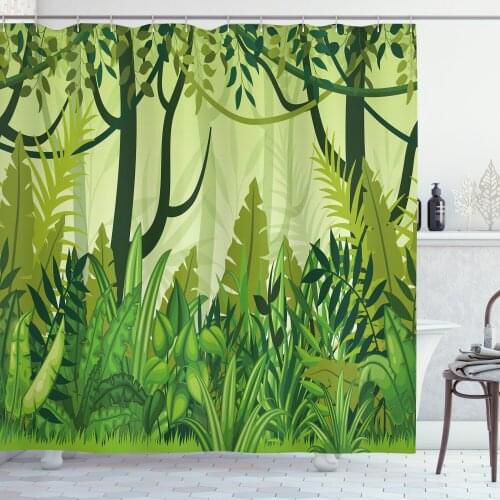 Plant Shower Curtain Set Cartoon Jungle Depiction Hand Drawn Curtain for Bathroom Decor 12 Hooks Decorative Bath Accessory