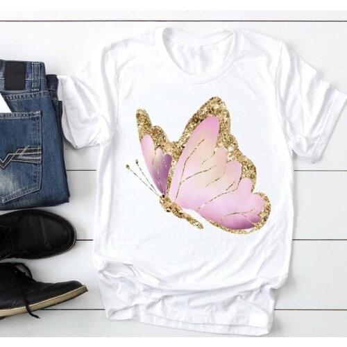 Women Feather Butterfly Printing New Cute Fashion Cartoon Summer Lady Print Tee Graphic T Top Female Tshirts Clothes T-Shirt