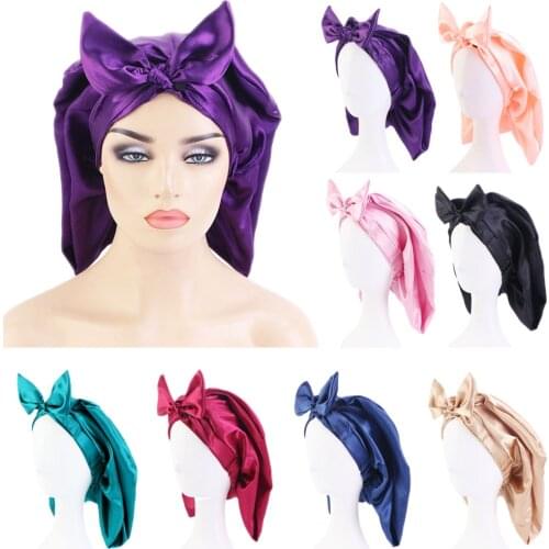 Women Flower Print Hair Bonnet Elastic Long Sleep Cap Silk Turban Night Hat Chemo Caps Satin Bowknot Headwear Head Cover Wraps