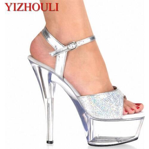 Womens chunky crystal wedding shoe, shiny silver sequined upper 15cm high-heeled sandals