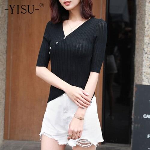 YISU Summer Women Thin section Sweater Summer tops Solid color V-Neck Buttons Short sleeve Jumper Sweater Slim Knitted Pullover