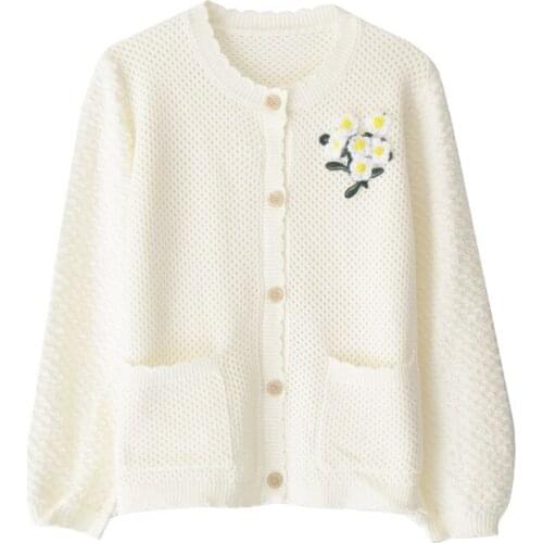 Women New Style Floral Single-Breasted round Neck Long Sleeves Cutout Knitted Cardigan with Small Daisy Hand Crochet