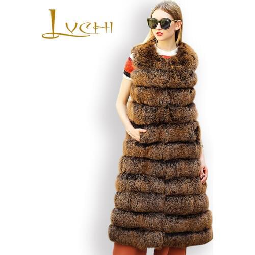 LVCHI SHUBA sleeveless Female waistcoats real fur vest natural fox fur coats winter thick warm Jackets a hooded Silver Fox joint