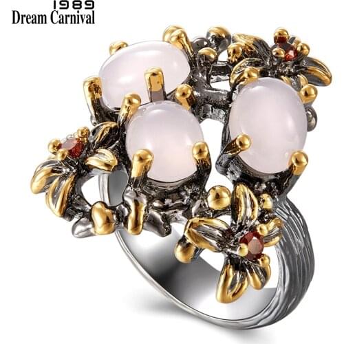 DreamCarnival 1989 New Gothic Ring for Women Wedding Anniversary Pink Opal Stone Black Gold Flower Fashion Jewelry WA11690