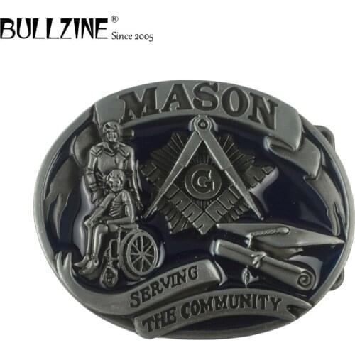 Bullzine Blue enameled Mason cowboy jeans gift belt buckle pewter finish FP-02212 suitable for 4cm width snap on belt