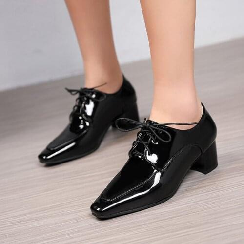 Business Formal Wear Patent Leather Elegant Ladies Leather Shoes Pointed Thick Heel Lace-Up Office High Heels Working Womens