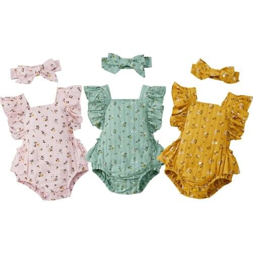 FOCUSNORM 3 Colors Summer Cute Baby Girls Bodysuits Flowers Printed Ruffles Short Sleeve Backless Jumpsuits Headband