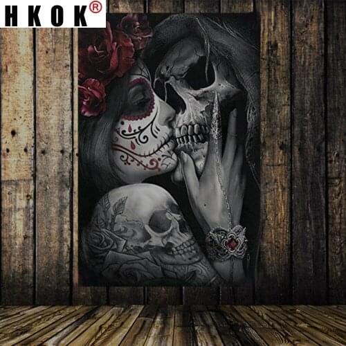 HKOK Skull Kiss Skeleton Couple Lover Tapestry Wall Hanging Mural Background Wall Rugs Beach Towel Fabric Blanket Dorm Home Deco