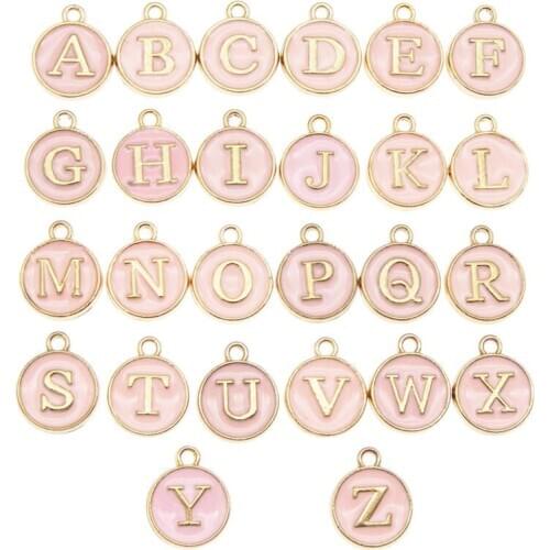Julie Wang 26pcs A-Z Enamel Pink Letters Charms Alloy Double Sided English Alphabets Pendant Bracelet Jewelry Making Accessory