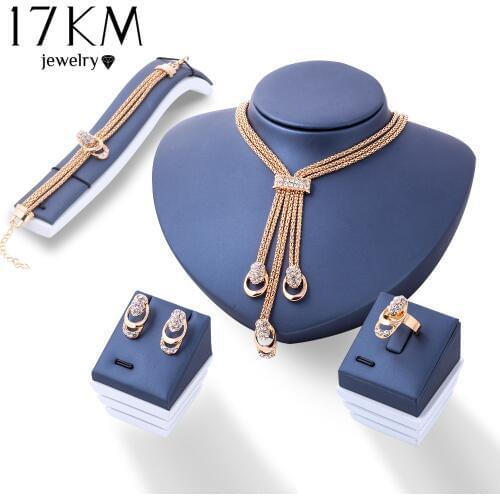 17KM Rose Gold Color Crystal Necklace Earring Bracelet Ring Set Rhinestone New Simple Party Dress Jewelry Sets For Women